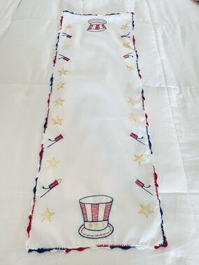 4th of July Table Runner Embroidery Homemade Cotton Red White Blue 14x40